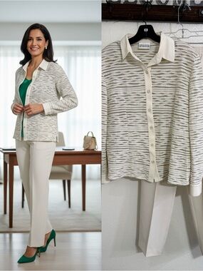 Philippe Marques 2 Pc Pant Suit Size 10 Cream Metallic Career Office Made USA